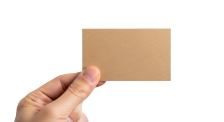 Hand holding blank craft paper business card minimalist display mockup for creative identity isolated on transparent background