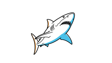 Fototapeta premium Powerful Great White Shark swimming upwards with its mouth open and sharp teeth visible in a dynamic and clean cartoon illustration.