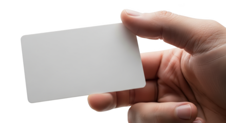 Hand holding a blank white card closeup presentation mockup isolated on transparent background