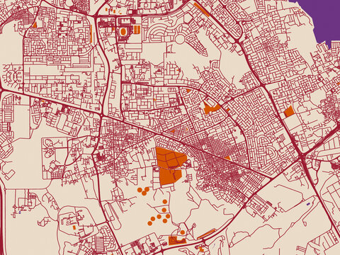 City layout poster &mdash; Ar Rifa', Bahrain &ndash; muted violet water and terracotta