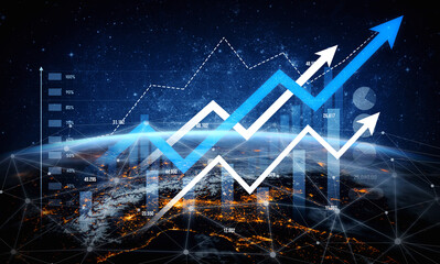 Stunning futuristic design showcasing business growth with arrows and charts over Earth, symbolizing market trends and data analysis in a digital era. Scalp