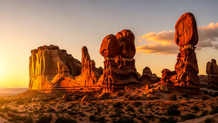 Balanced rock formations in desert at golden hour