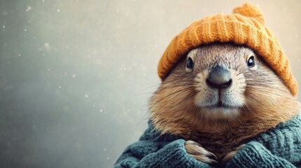 A cute marmot in pajamas and a hat, Groundhog Day
