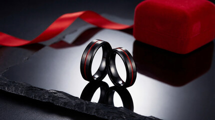 Modern black titanium unisex rings with thin red enamel line on reflective slate background photography