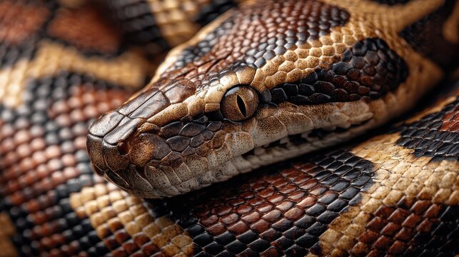 Close up view of brown and black ball python skin shows scales and patterns in detail