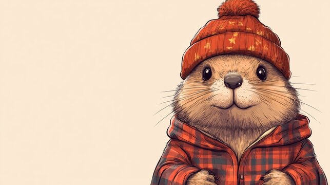 A cute marmot in pajamas and a hat, Groundhog Day