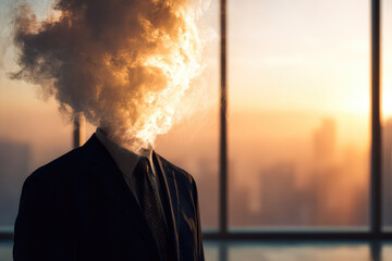 Businessman with cloud head surreal concept standing in office at sunrise creative imagination mental fog abstract thinking cityscape background emotional mood