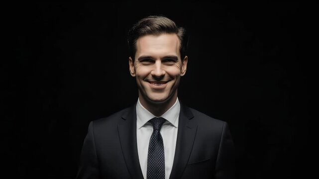 Handsome businessman wearing a black suit and tie smiling confidently in a studio shot against a black backdrop.