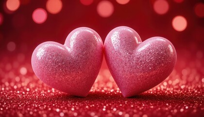 Obraz premium Two sparkling pink hearts on a red glitter background