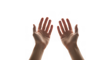 Open empty palms facing upward reaching towards light against transparent setting