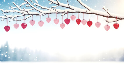 Snowy tree branch with heart ornaments and winter happy valentine's day background