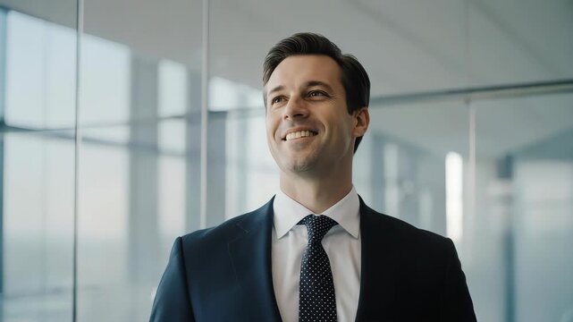 Smiling successful entrepreneur in suit looks ahead