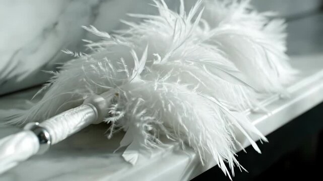 Close-up of a white feather duster on a marble shelf. Housekeeping tool for dusting and cleaning. Spring cleaning and home renovation concept