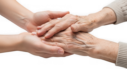 Comforting two generations of hands demonstrating care support and empathy for an older person