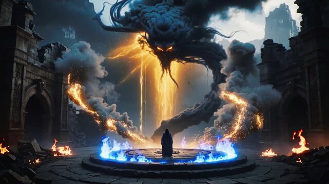 A lone cloaked figure stands at the center of a flaming ritual circle within a massive stone arena, summoning a colossal, dark smoke monster with glowing eyes as beams of light