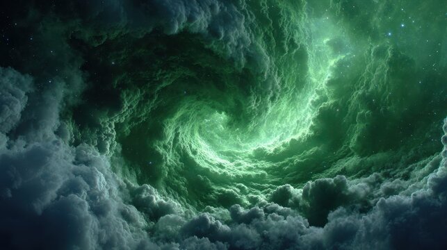 Swirling cloud vortex in green screen animation over a dark cosmic background