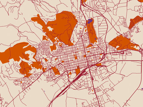 Minimal city map of BUL Stara, Zagora with muted violet water and terracotta