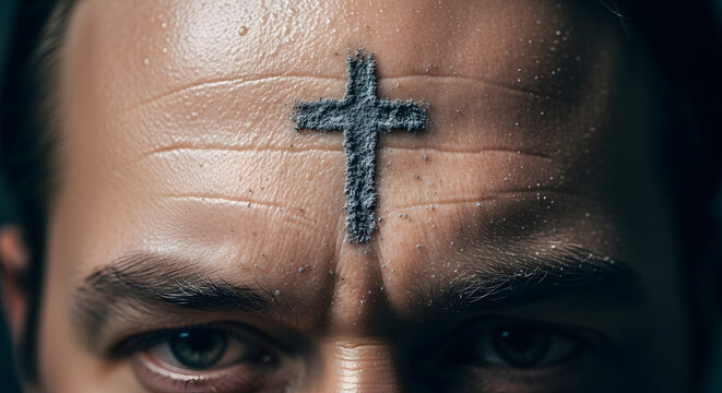 Close Up of Ash Wednesday Cross on Man Forehead for Lent Season.