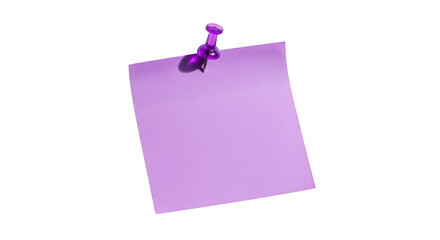 Blank pastel purple sticky note pinned with purple tack isolated on transparent background