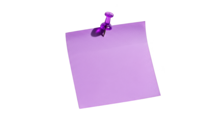 Blank pastel purple sticky note pinned with purple tack isolated on transparent background