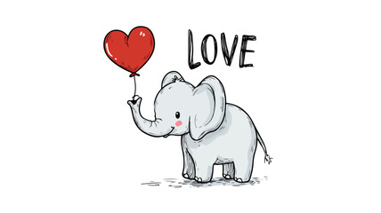 Sweet Cartoon Elephant Holding Love Sign, Cute Vector Illustration with Outline Isolated on White Background