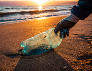 Obraz premium Collection of a plastic bottle from a sandy shoreline during a golden sunset clean-up effort.