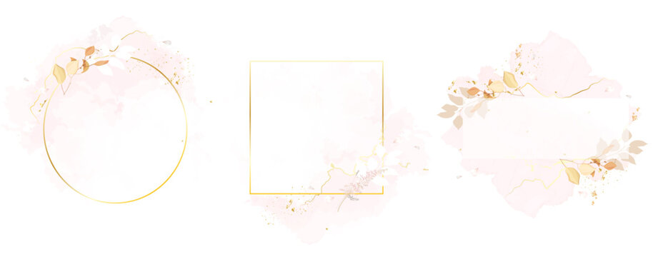 Autumn leaves and gold vector frames. Hand painted branches, leaves on white backgrounds. Greenery wedding simple minimalist invitations. Watercolor cards. All elements are isolated and editable