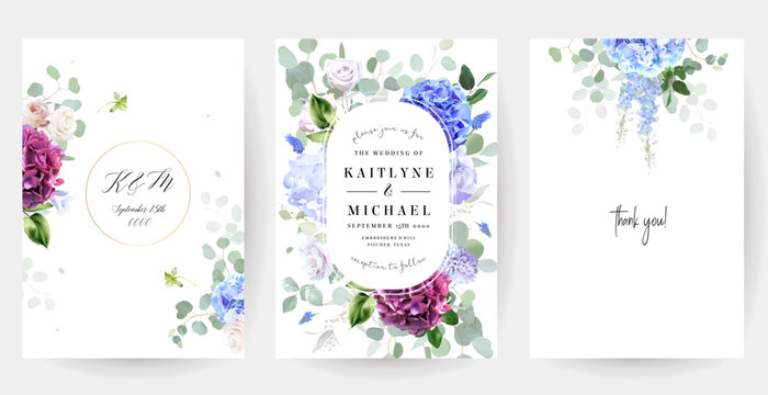 Bridgerton inspired pastel floral vector design frames. Blue delphinium, white peony, pink rose, ranunculus, hyacinth, hydrangea, greenery and plants. All flowers and branches are isolated and movable