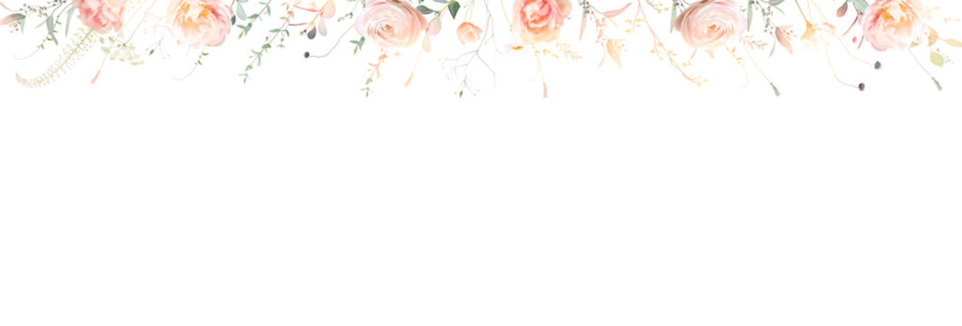 Herbs, branches and rose flowers vector frame. Hand painted branches, leaves on white background. Greenery wedding simple minimalist invitation.Watercolor style card.Elements are isolated and editable