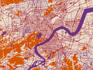 Obraz premium City layout poster — Hangzhou, China – terracotta and violet accents
