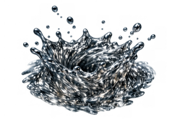 Liquid metal splash forming a crown shape with droplets, abstract metallic fluid creating dynamic vortex movement