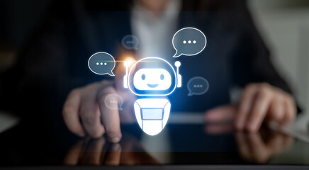 AI chatbot virtual assistant interacting with users through AI conversation bubbles, symbolizing AI automation, smart communication, and AI digital artificial intelligence help support Latch