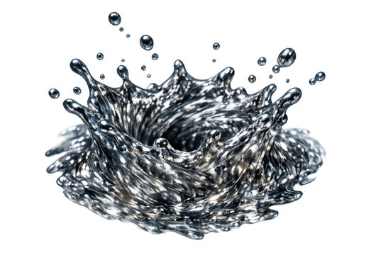 Liquid metal splash forming a crown shape with droplets, abstract metallic fluid creating dynamic vortex movement - Powered by Adobe