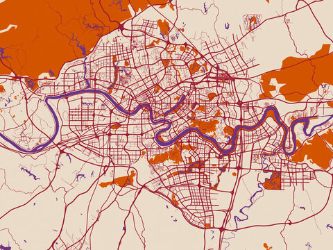 Cartographic city illustration of Nanning, China &mdash; soft cream background with burgundy street lines, warm terracotta land blocks and muted violet water