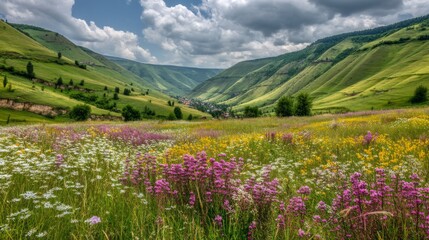 Obraz premium Vibrant Flowering Meadow in Lush Green Valley Surrounded by Rolling Hills Under Dramatic Sky with Fluffy Clouds