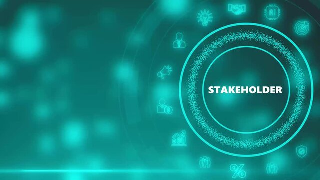 Digital concept of stakeholder engagement with glowing icons and central text on a teal gradient background
