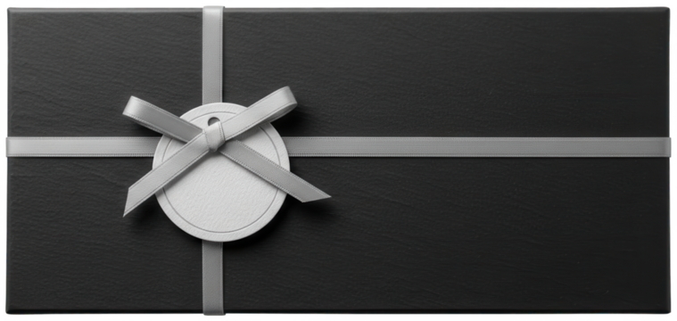 Black gift box png Dark present cutout Elegant box png Luxury packaging cutout Silver ribbon png Grey bow cutout Blank tag png Empty label cutout Sleek parcel png isolated transparent background image - Powered by Adobe