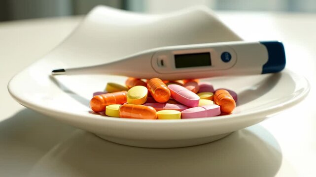 Digital thermometer resting on a pile of colorful pills in a white bowl. Medicine and healthcare concept for flu fever or detox treatment. Close up of medical drugs and temperature measurement device