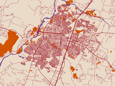 City map of Talca, Chile &ndash; muted violet water and terracotta