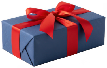 Blue gift png Red ribbon cutout Wrapped present png Satin bow cutout Rectangular package png Festive box cutout Elegant giftware png Birthday parcel cutout isolated transparent background image