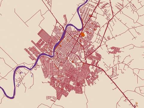 Street map of Monteria, Colombia in burgundy linework on cream
