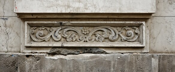 Vintage architectural stone frieze with ornate decorative relief design