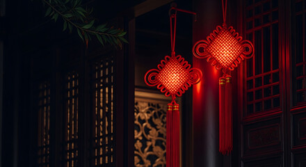Beautifully illuminated red Chinese knots with intricate patterns, symbolizing good luck and prosperity, set against a dark traditional backdrop.