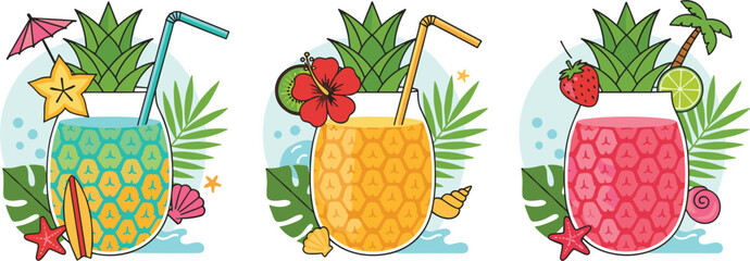 Tropical Pineapple Drink Illustration Set Featuring Colorful Summer Beverages with Fruit Garnishes and Beach Elements © ABDUL HAKIM