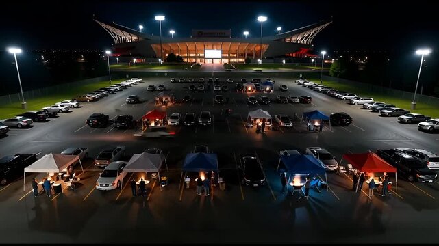 Nighttime drivein event in stadium parking lot with cars and tents