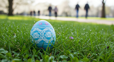 Naklejka premium Blue Easter egg resting on green grass with blurred people walking 