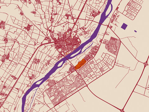 Urban map poster of Bani Suwayf, Egypt &ndash; terracotta and violet accents