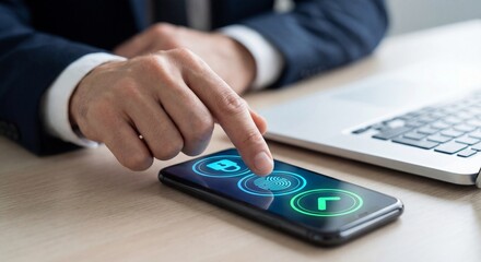 Businessman touching secure lock fingerprint icon digital security concept