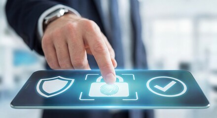 Businessman touching secure lock fingerprint icon digital security concept