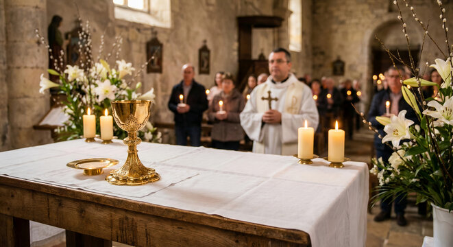 Priest conducting mass service with candles and flowers in church for Easter  